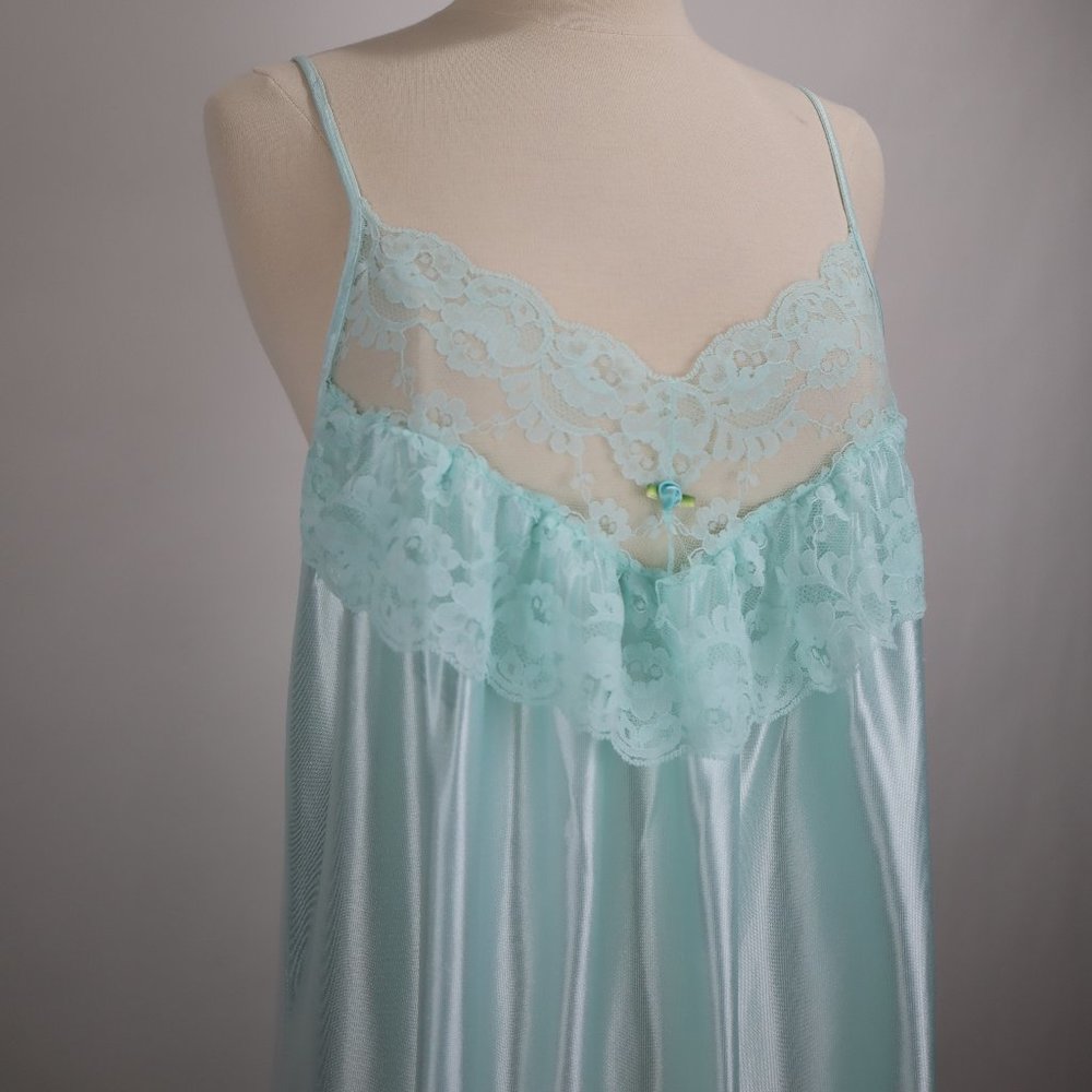 🌺 Vtg Celeste Blue Stardust Ruffled Long Lace Nightgown Lingerie Negligee Dress